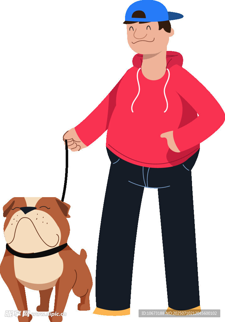 男子牵斗牛犬休闲画面