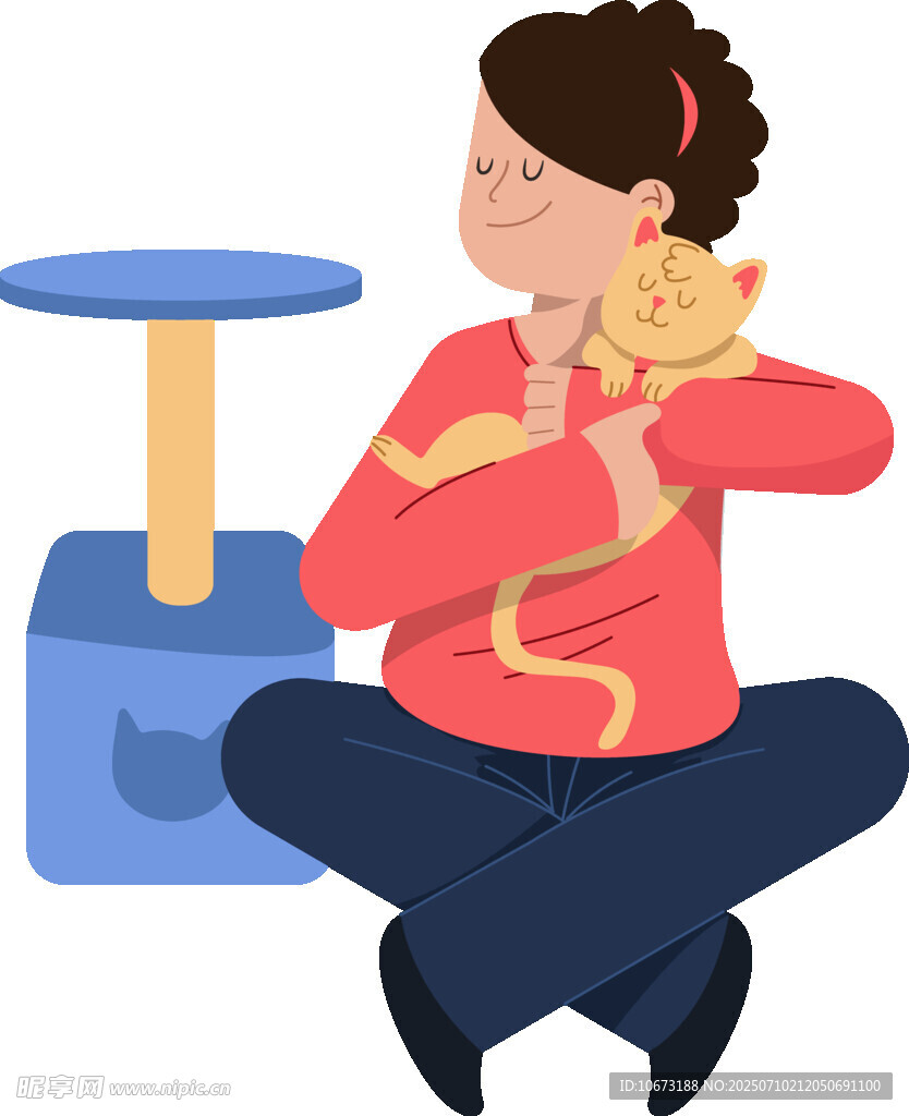 女子抱猫坐于猫爬架旁