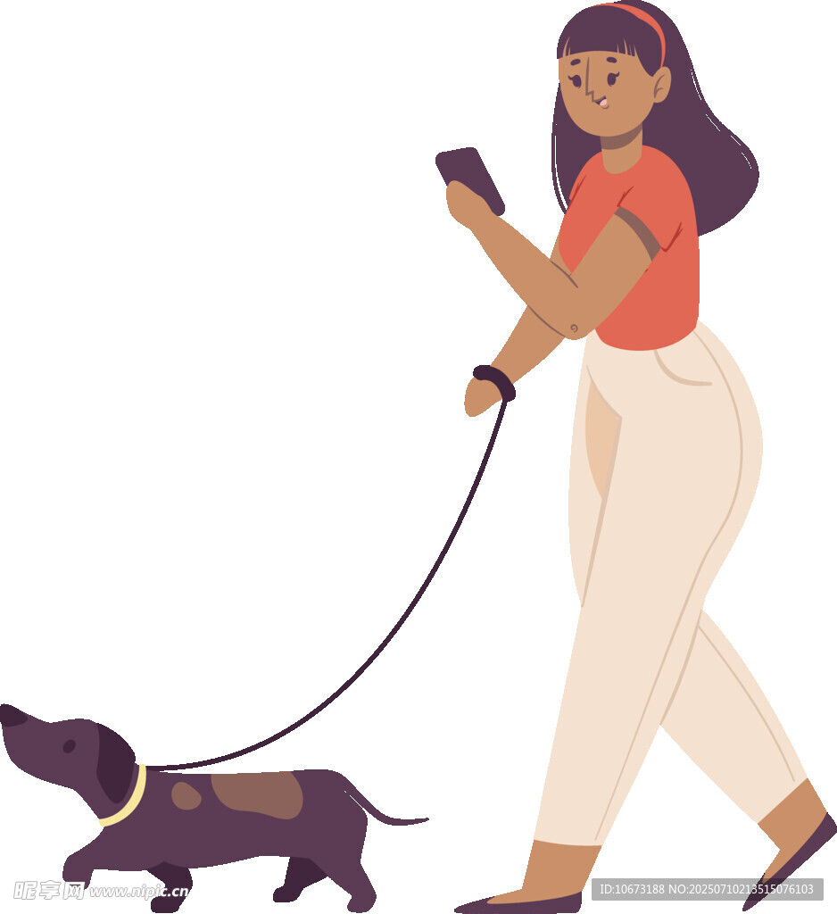 女子牵腊肠犬同时玩手机