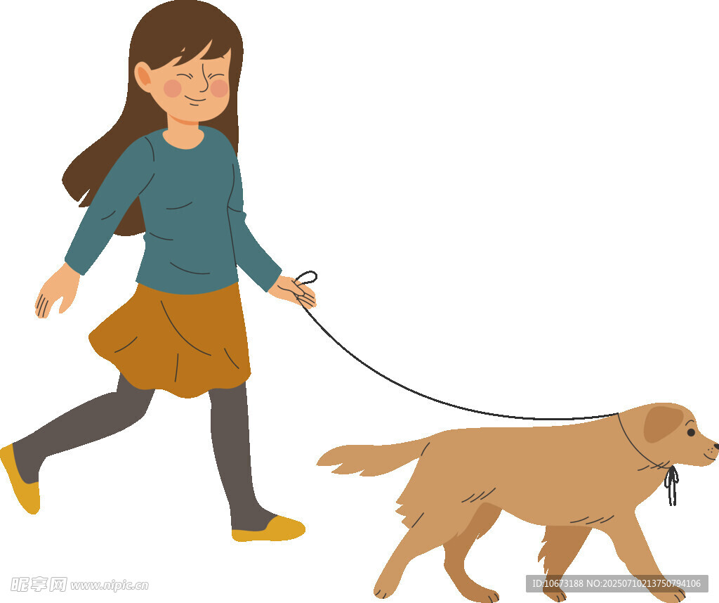 女孩牵金毛犬快乐漫步