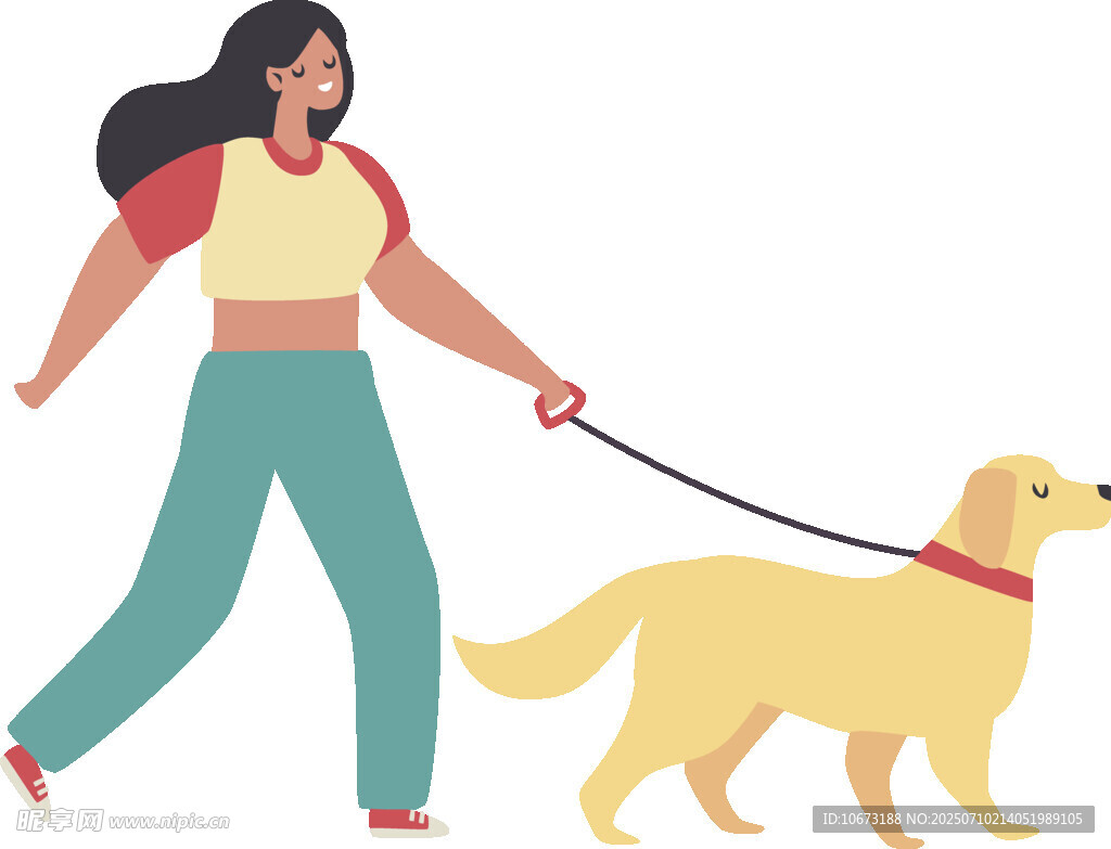 女子牵金毛犬快乐漫步