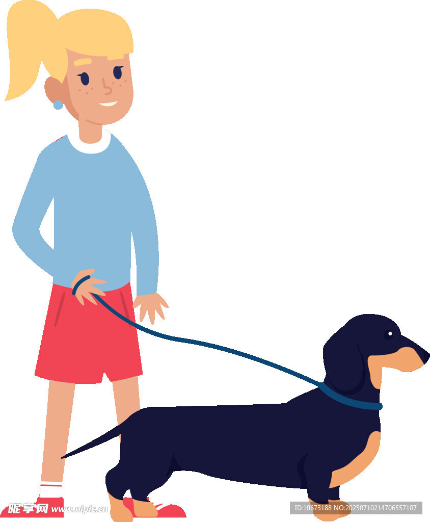 女孩牵着腊肠犬散步