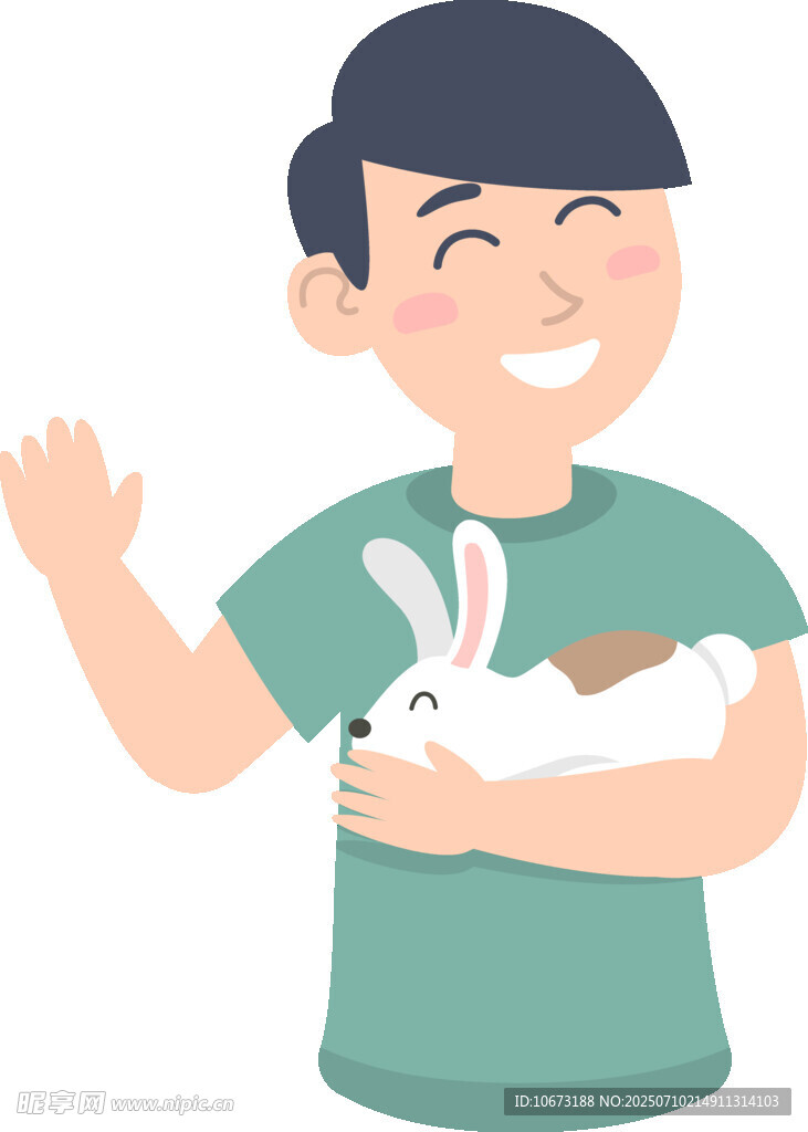男孩抱白兔开心挥手