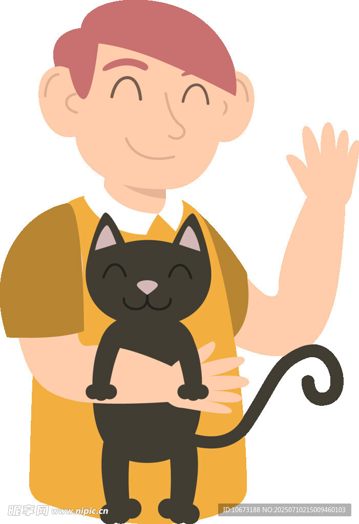 男子抱黑猫挥手