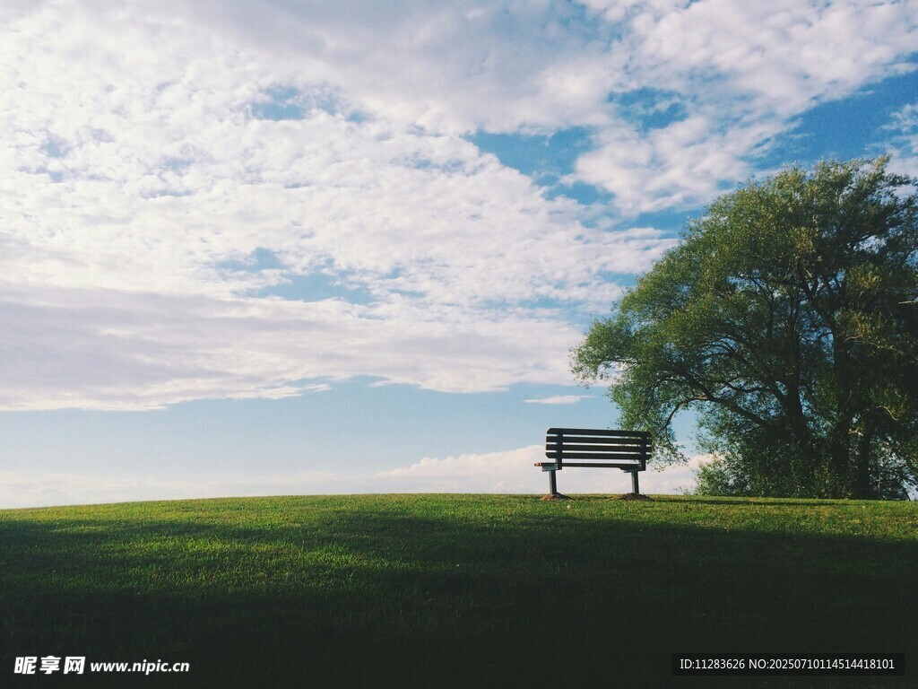 草地长椅旁的蓝天白云
