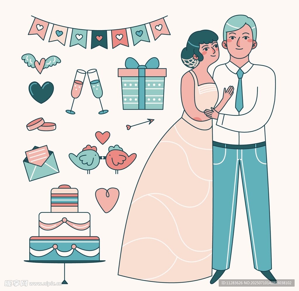 浪漫婚礼情侣与装饰元素