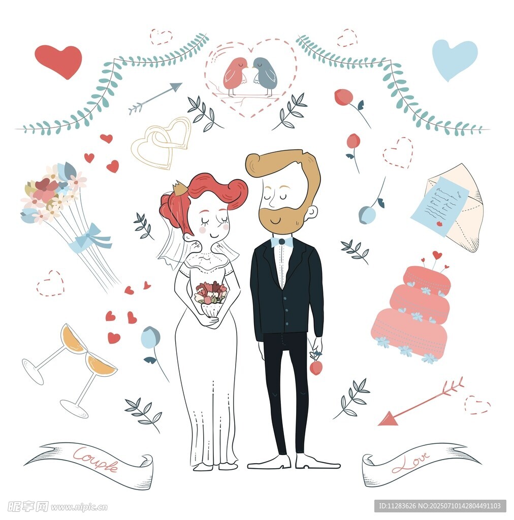 浪漫婚礼插画情侣甜蜜瞬间