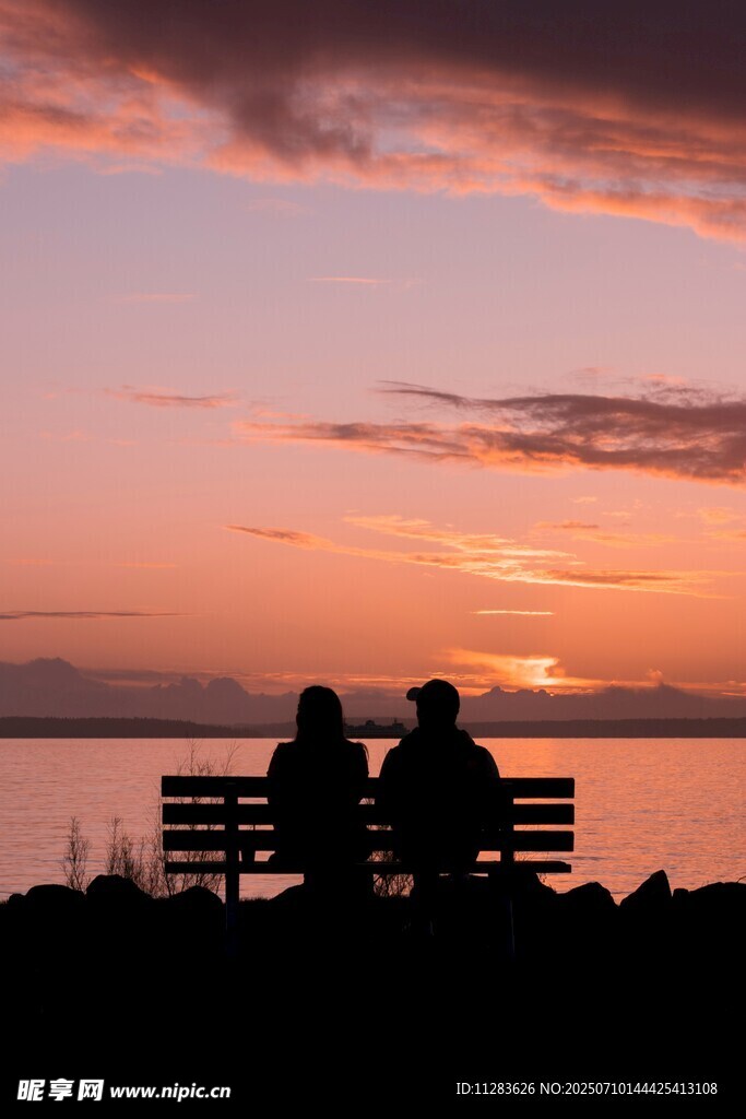 夕阳下长椅上的浪漫身影