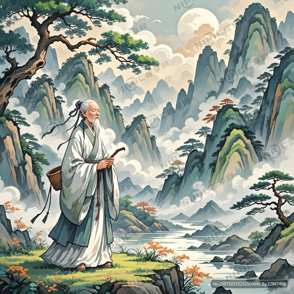 古人养生 仙风道骨 美式插画