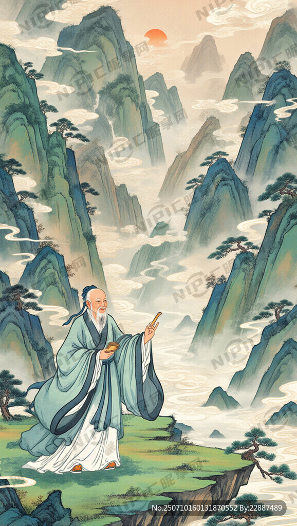 古人养生 仙风道骨 美式插画