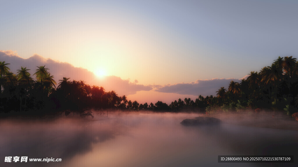 日出时分湖面薄雾美景