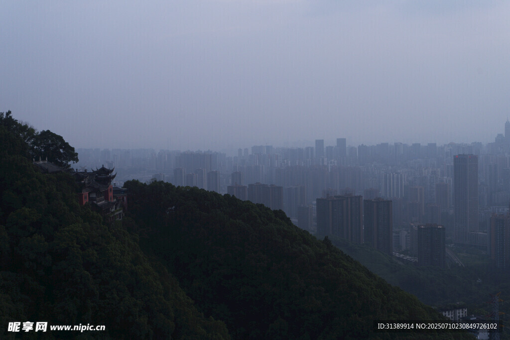 雾中城市与葱郁山林