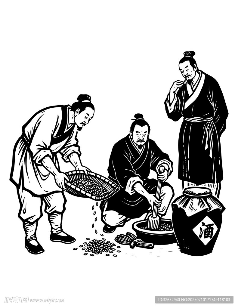 古人筛粮场景图