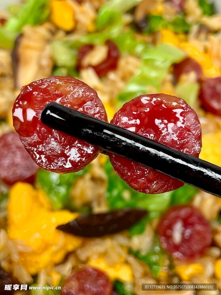 筷子夹着美味香肠切片