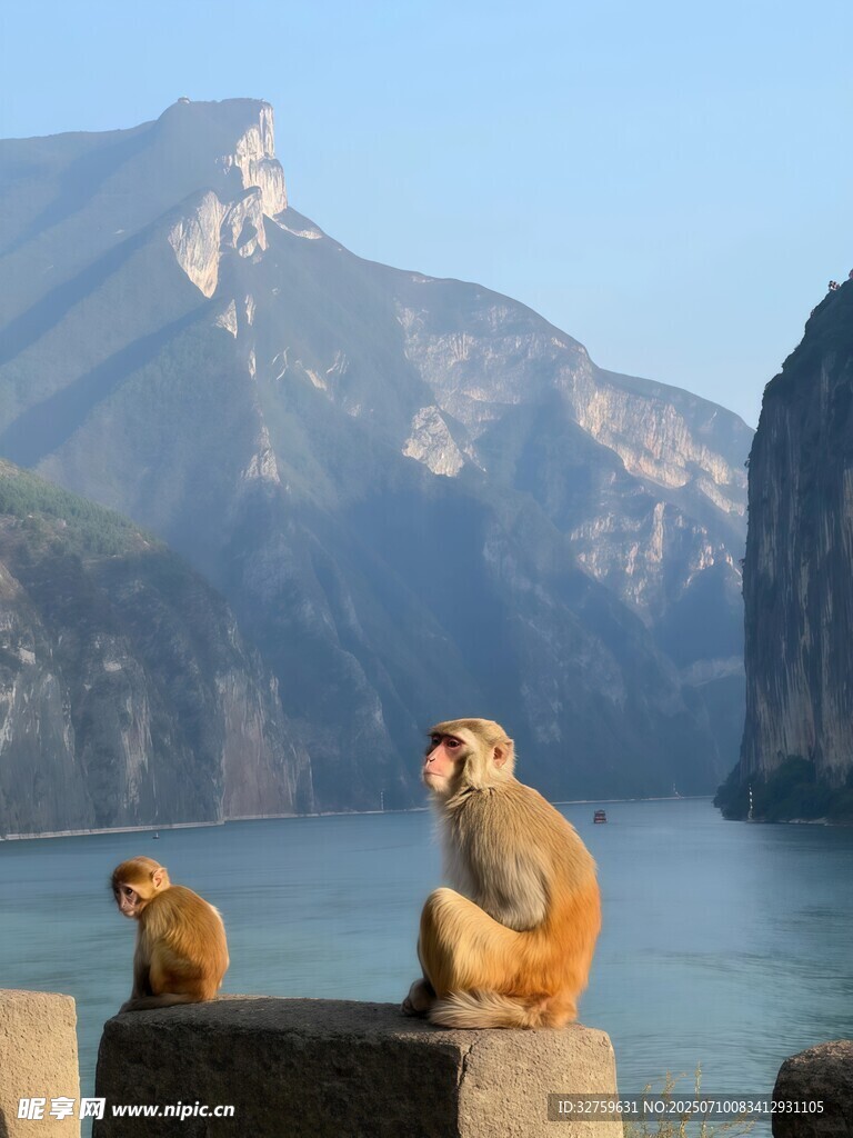 江畔双猴赏壮丽山水景