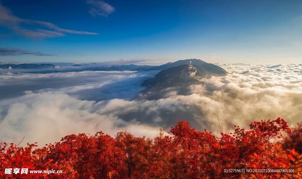 云海之上的红叶与远山