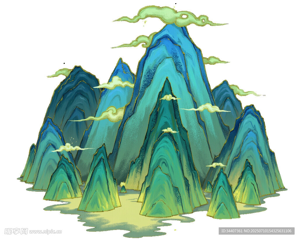 水墨风青绿群山插画
