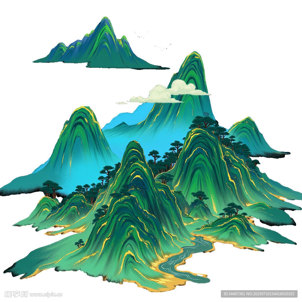 青绿山水插画尽显自然之美