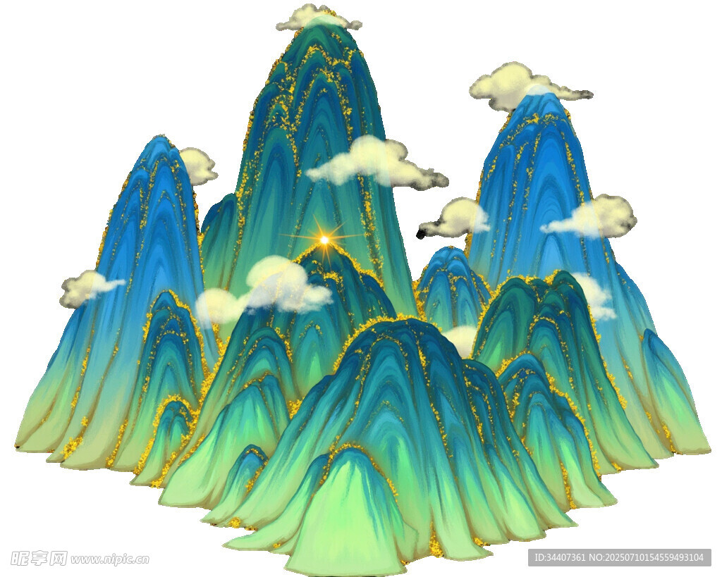 青绿山水云雾缭绕之景