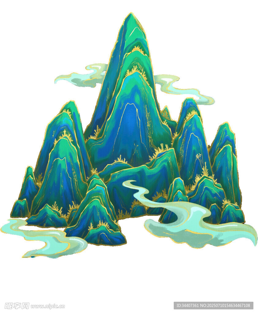 梦幻青绿山水插画