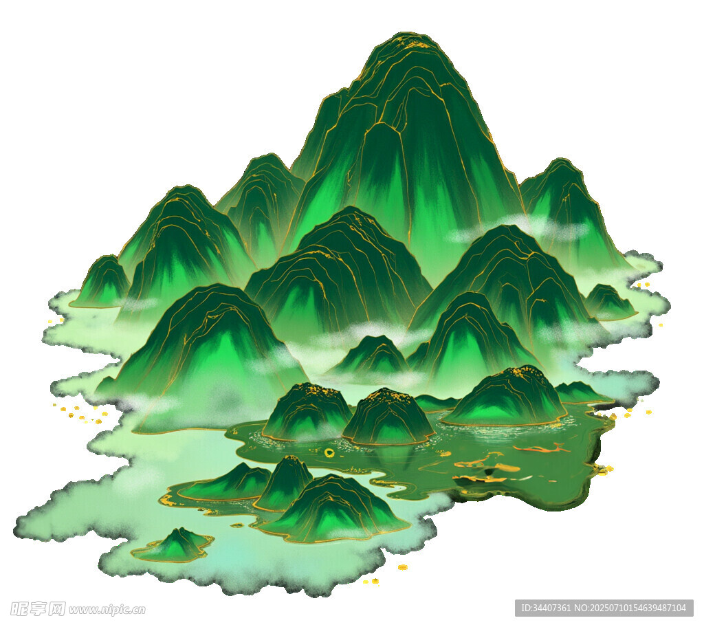 水墨风青绿群山景观