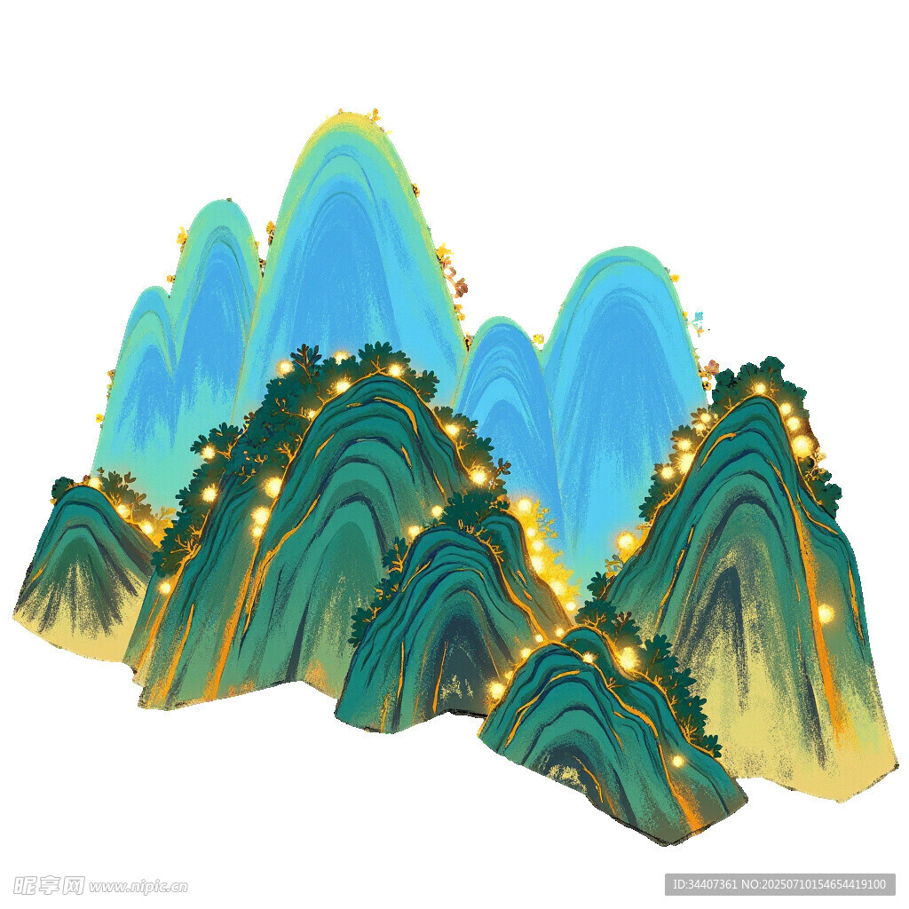 梦幻青绿山水插画