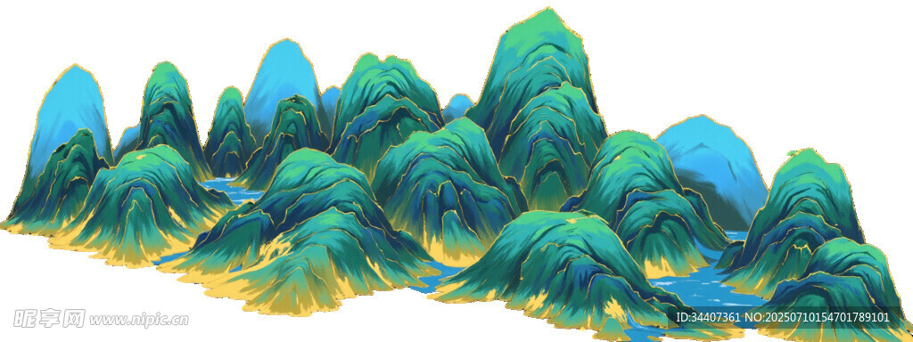 水墨风格青绿群山景观