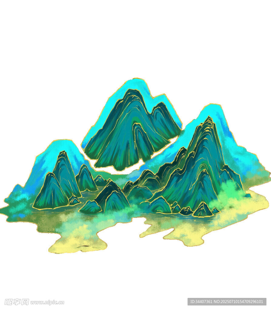梦幻青绿山水插画