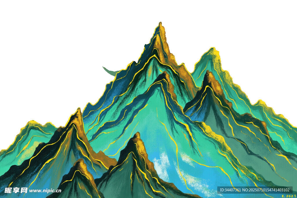 梦幻青绿山峰插画