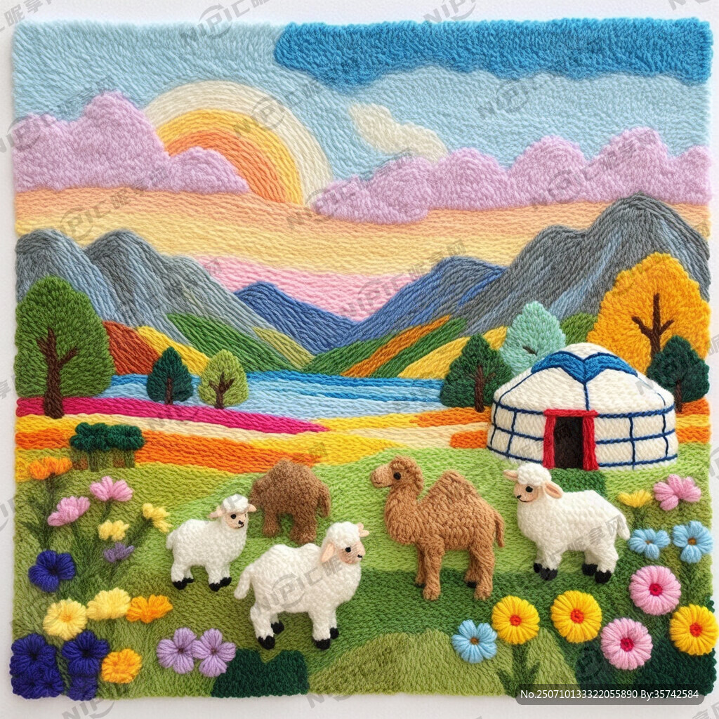 毛绒线艺术画 有天空 山影