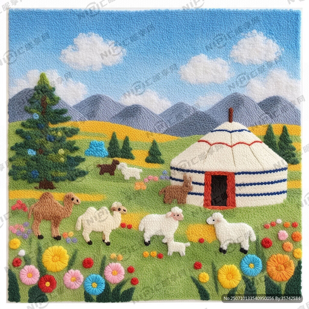 毛绒线艺术画 有天空 山影
