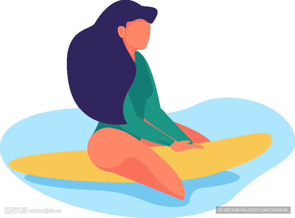 女子坐于冲浪板上休憩