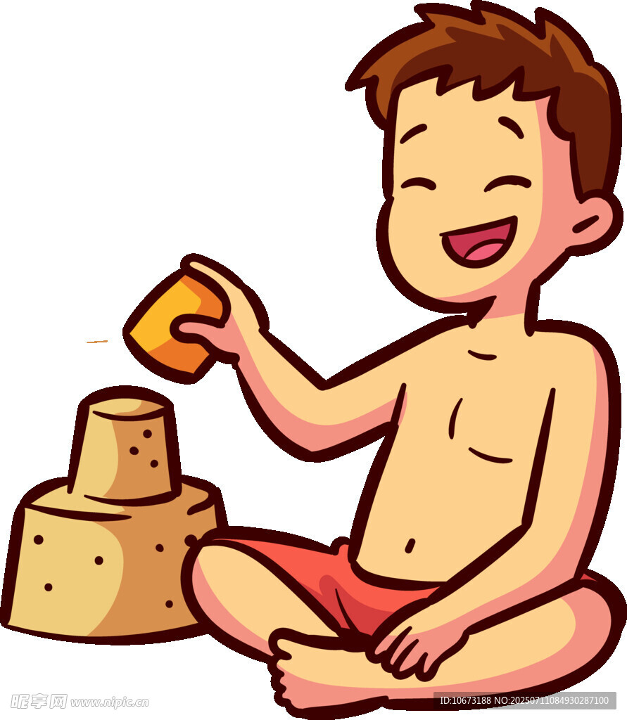 男孩开心玩沙堡