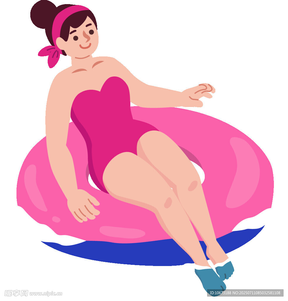 女孩惬意躺于粉色浮圈上