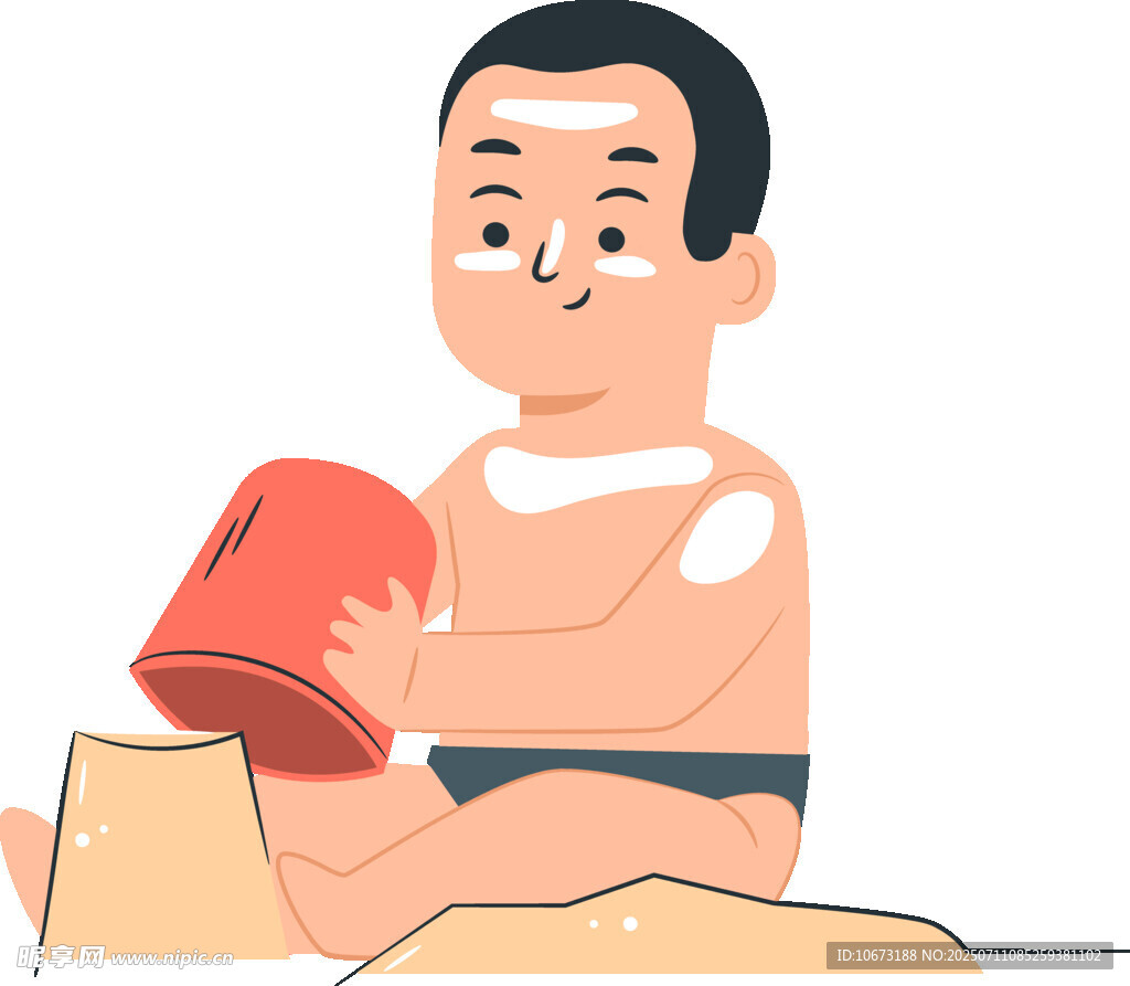 男子沙滩玩沙桶