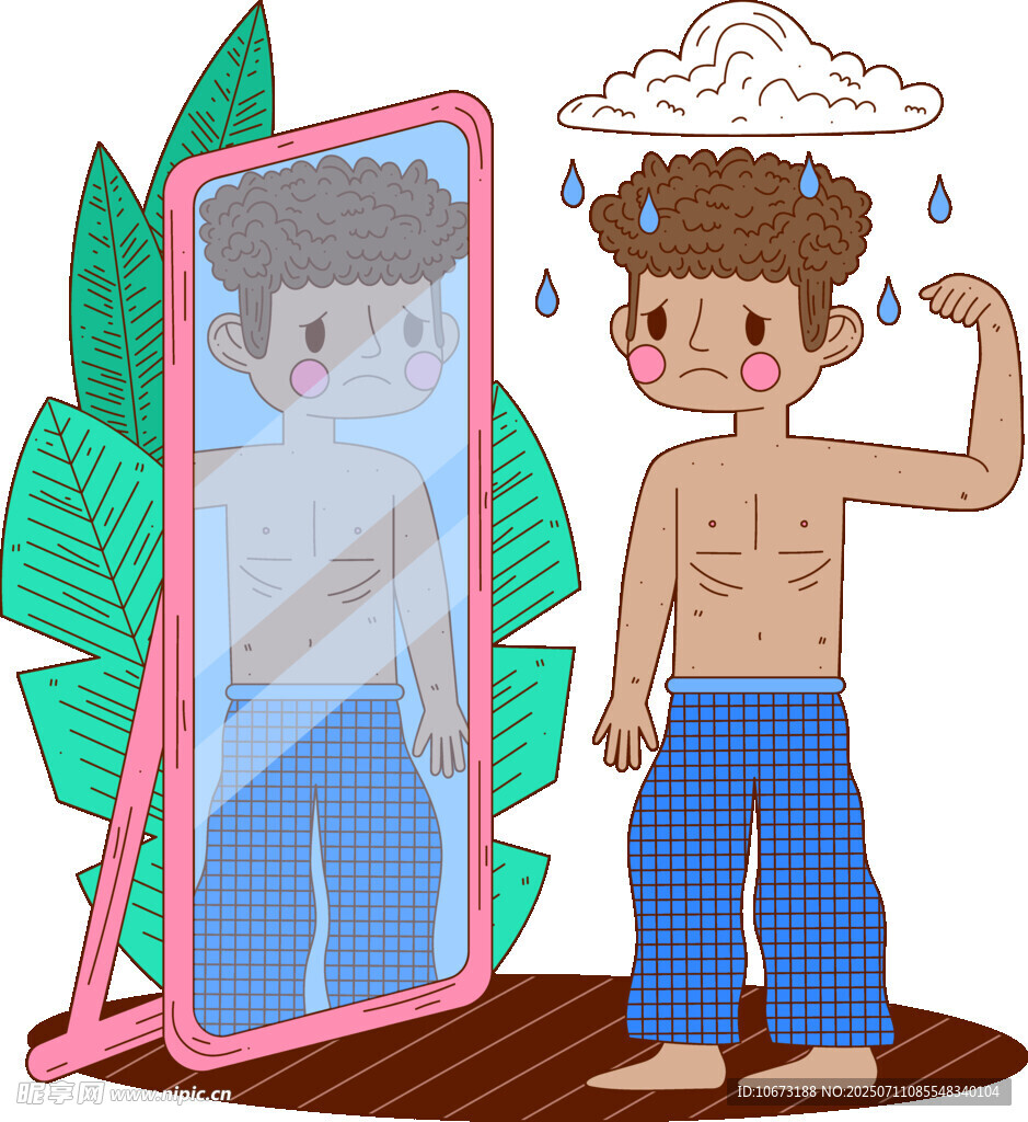 男孩照镜子见自己满头大汗