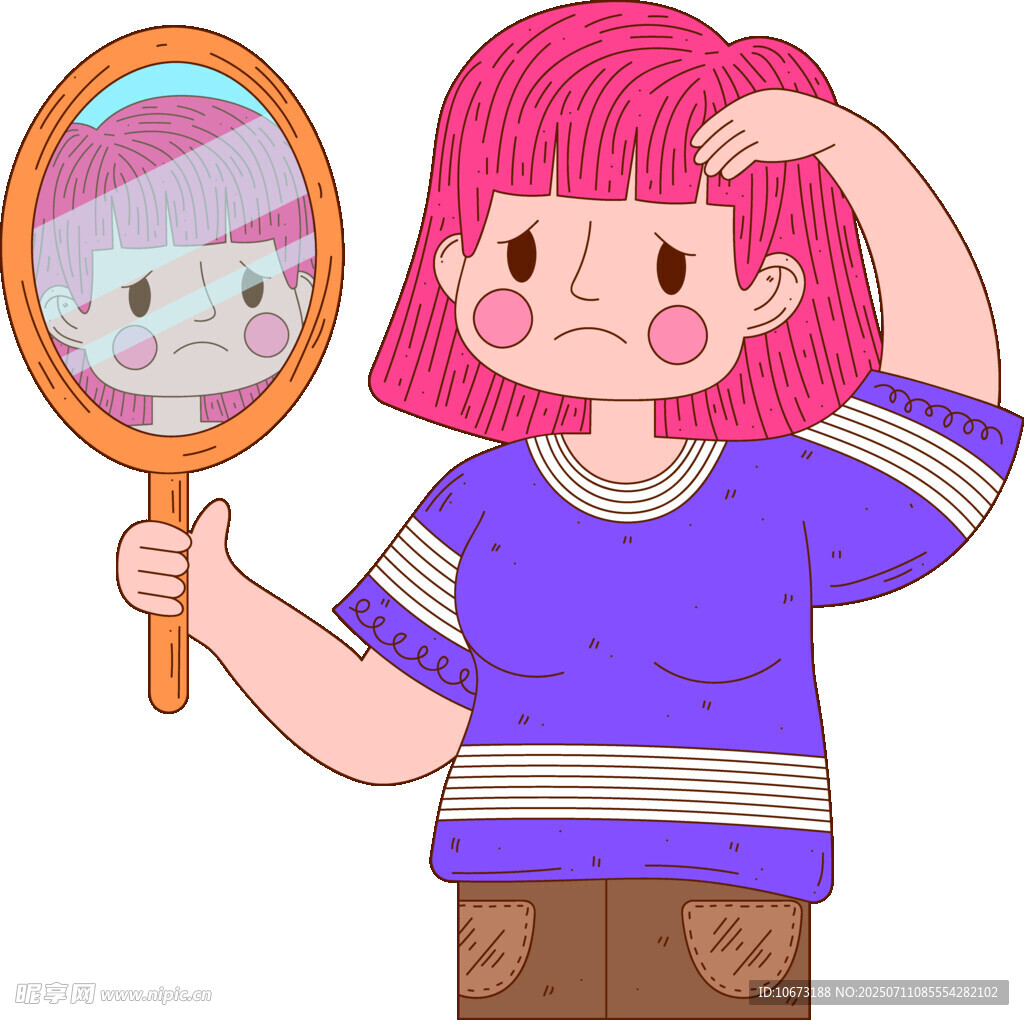 女孩照镜苦恼脱发问题