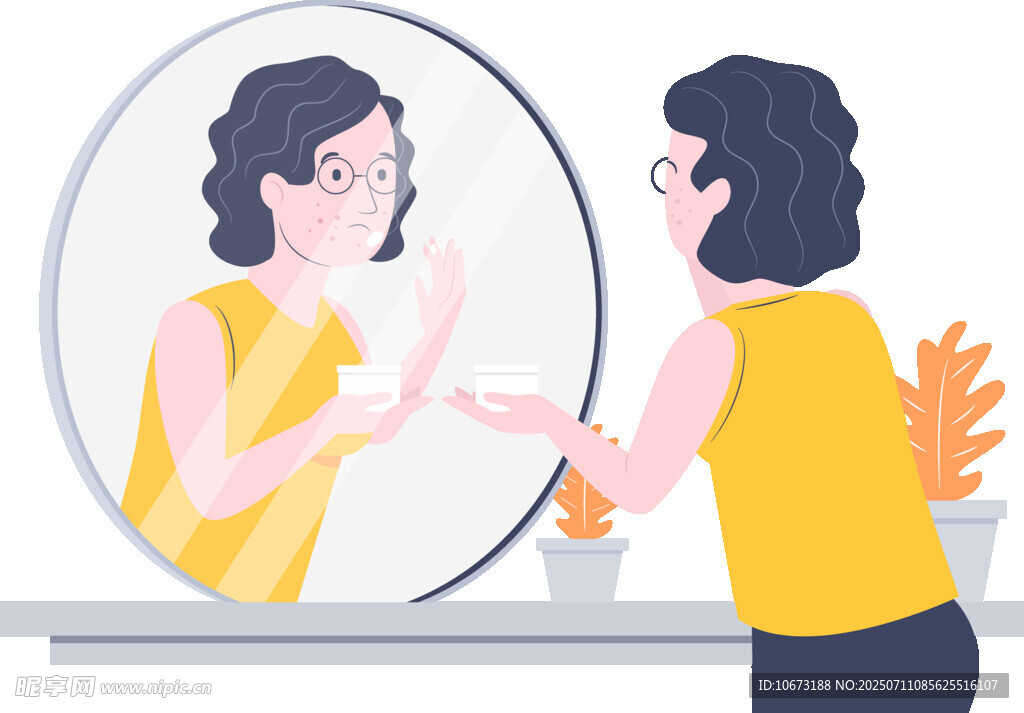 女子对镜护肤瞬间
