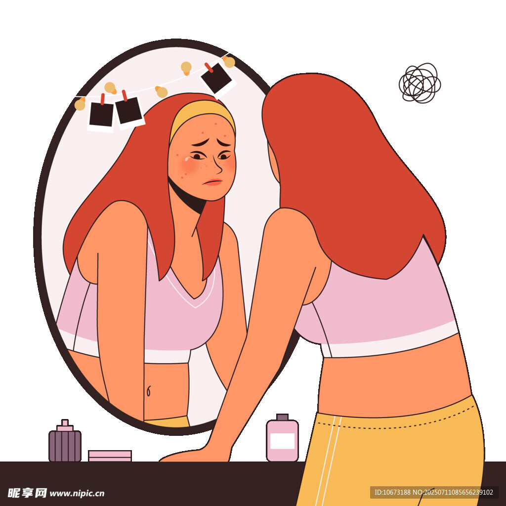 女孩对镜化妆的日常时刻