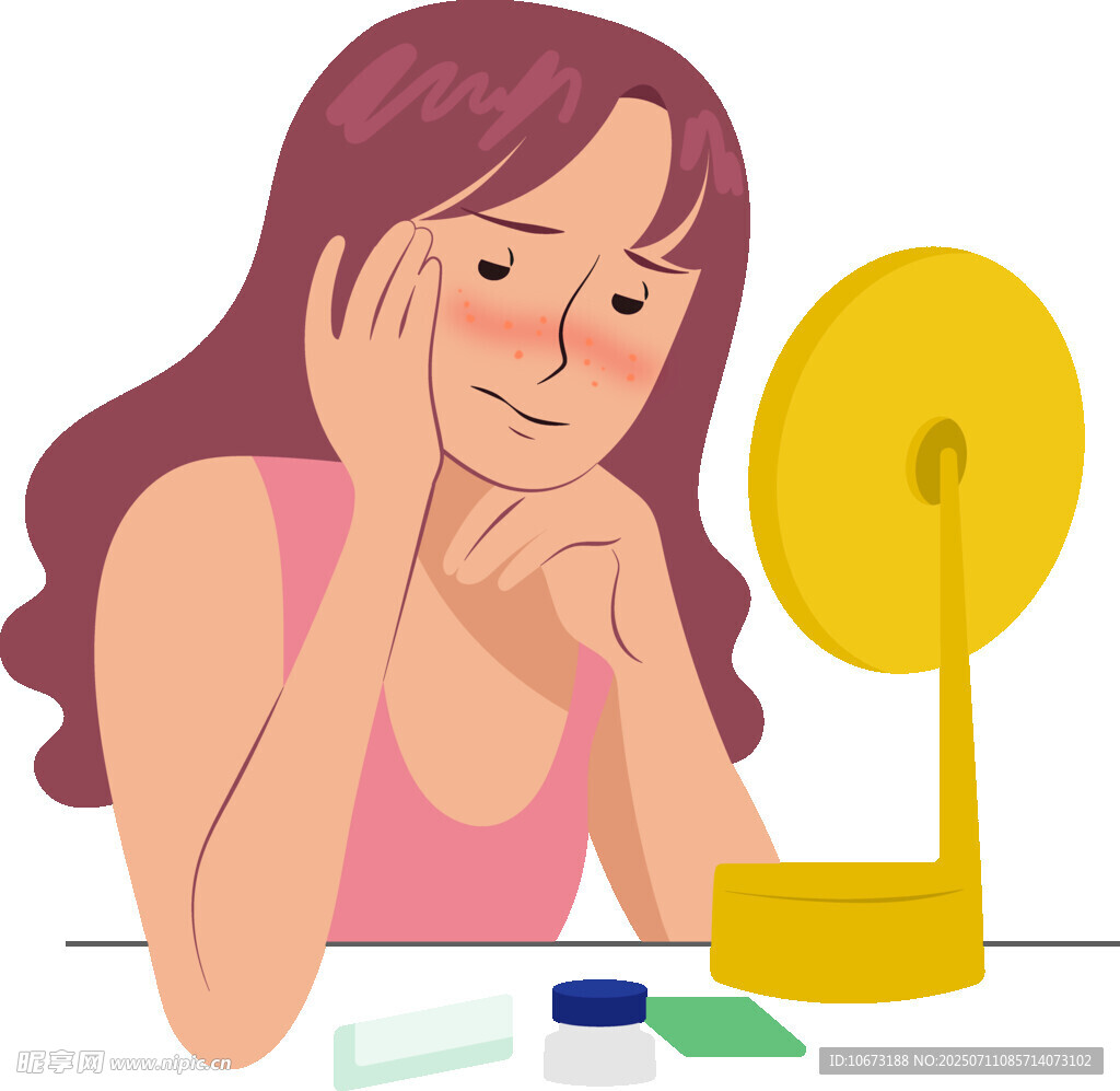 女孩对着镜子享受护肤时光