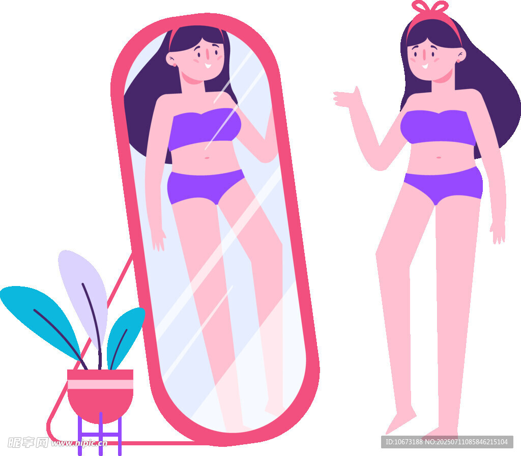女孩照镜审视身材