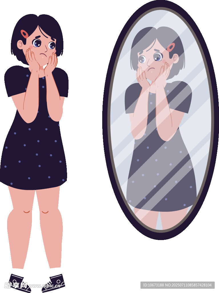 女孩照镜对身材略显苦恼