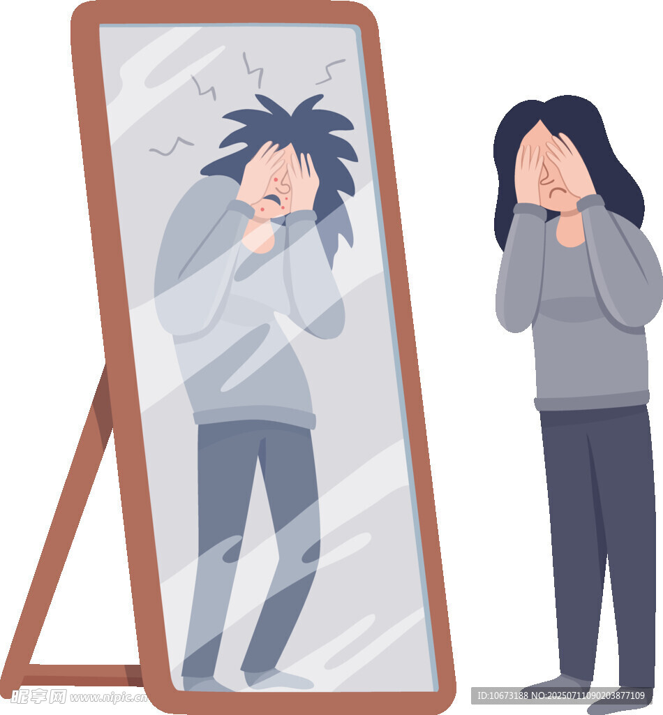 女孩照镜被自己模样惊到