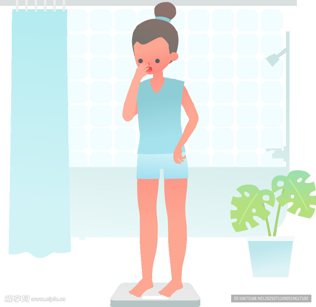 女孩浴室站在体重秤上思考