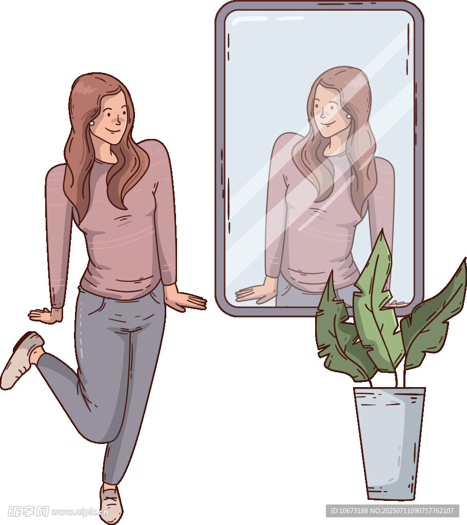 女孩对镜自赏的温馨瞬间