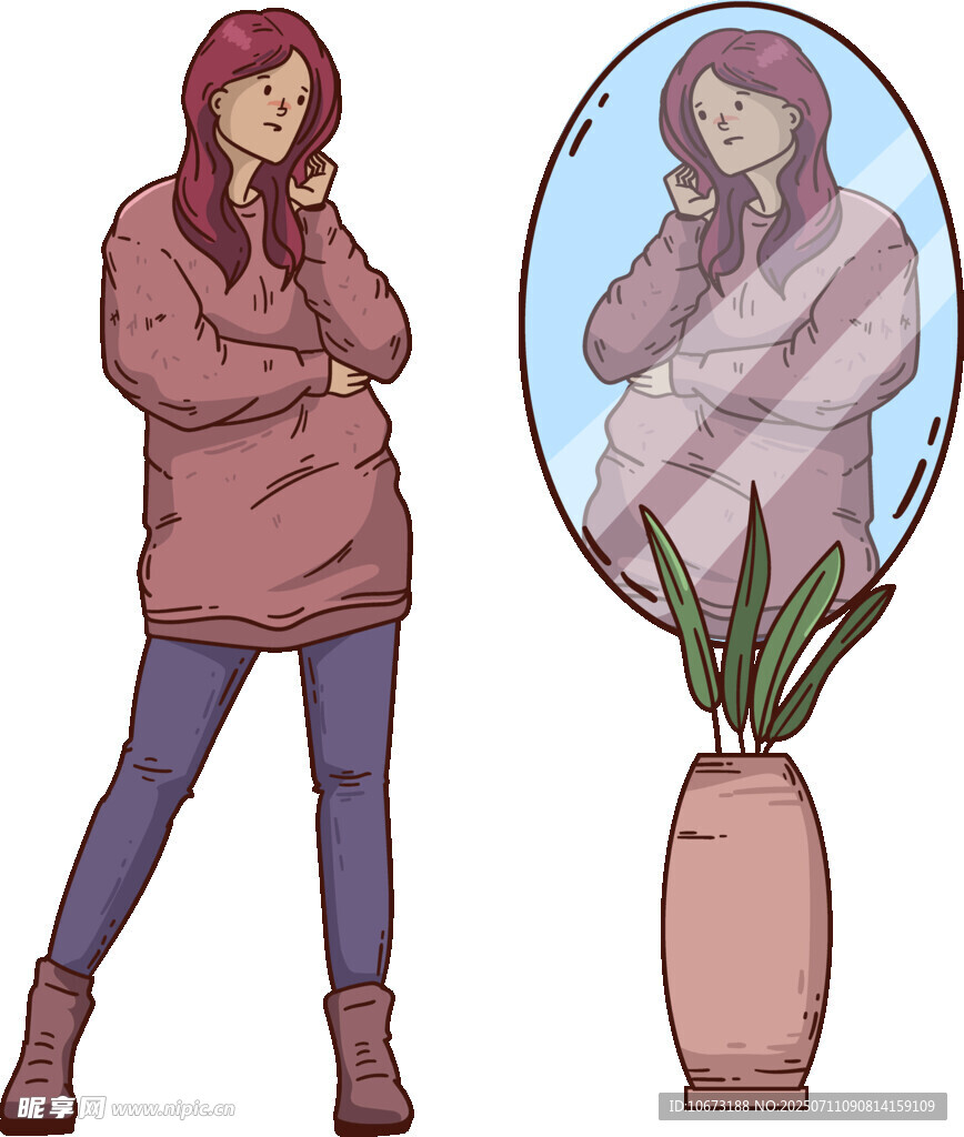 女孩对镜沉思的日常场景