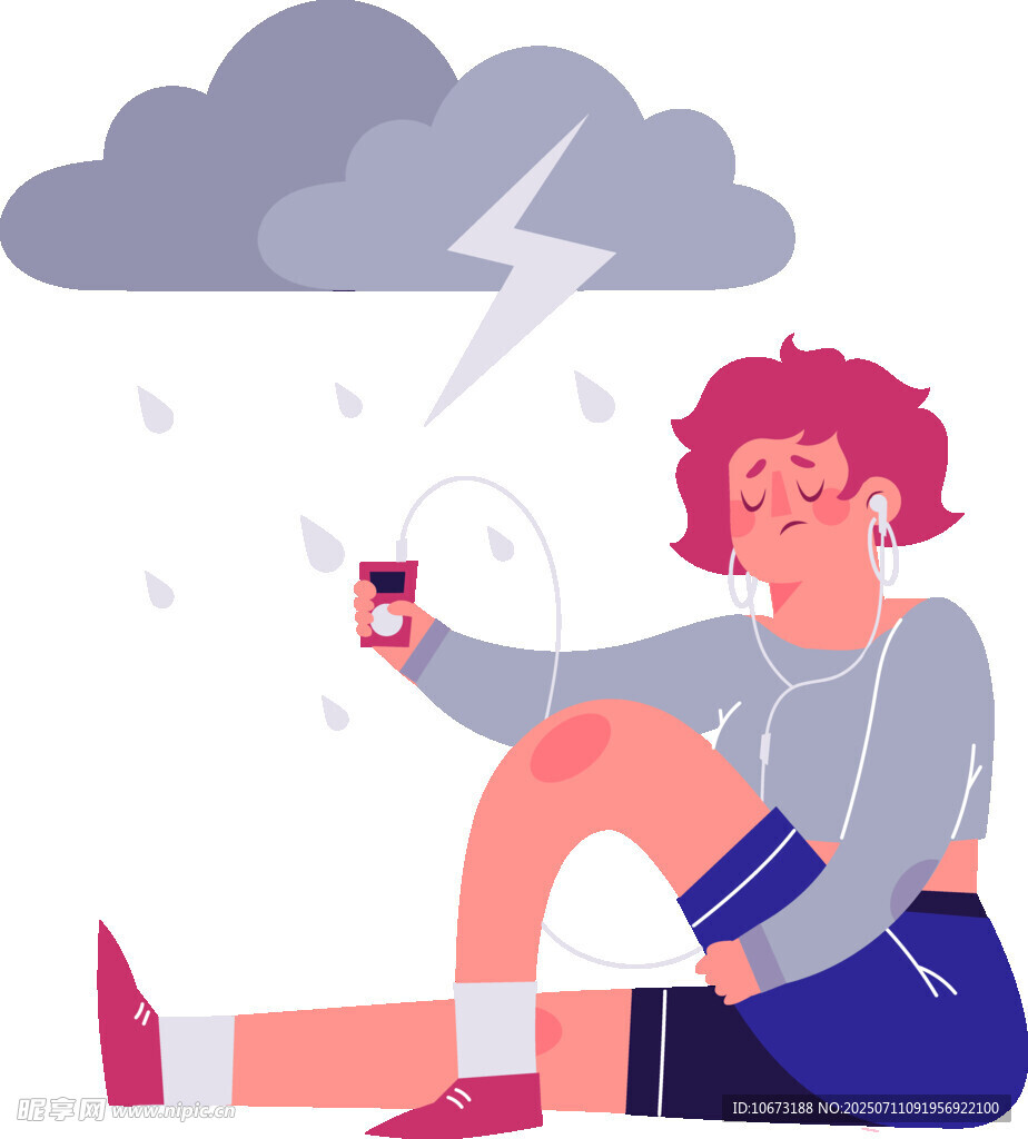 雨中坐地打电话的运动女孩
