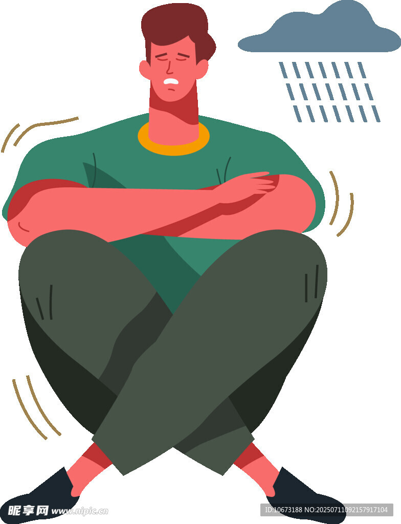 雨中抱膝男子显低落