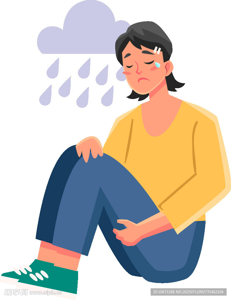 雨中独坐的忧郁女孩