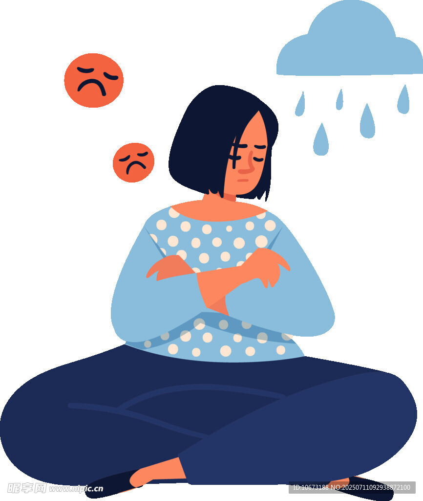 悲伤女子抱臂坐于雨中